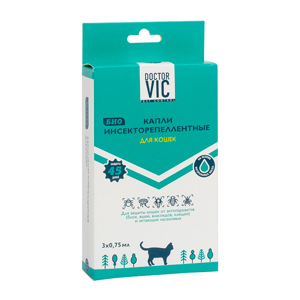 Капли DOCTOR VIC инсекторепеллентные «био» для кошек для защиты от эктопаразитов (блох, вшей, власоедов, клещей) и летающих насекомых. Защита 45 дней